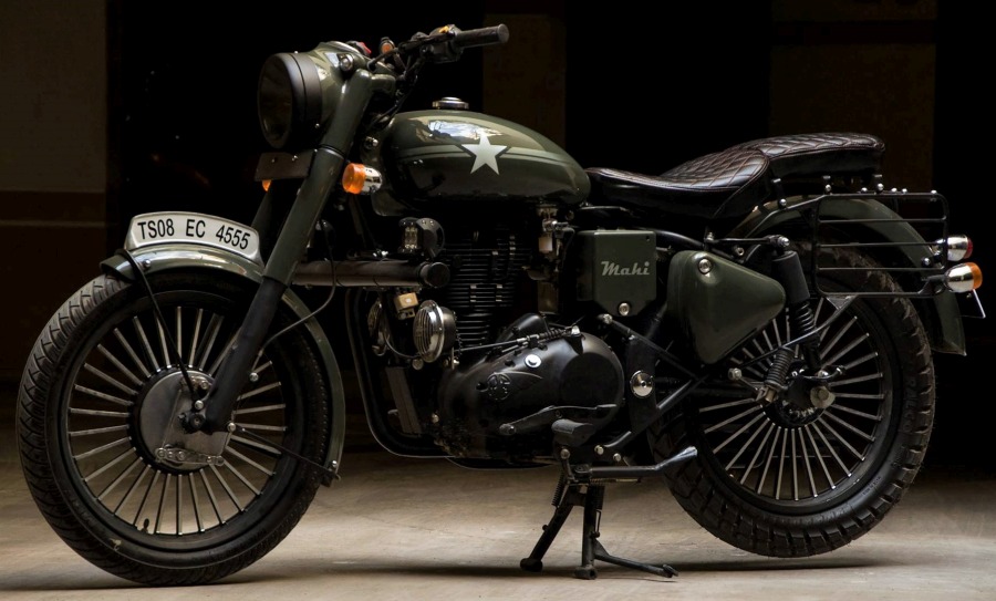 Meet Army Green Royal Enfield Bullet 350 by EIMOR Customs - background