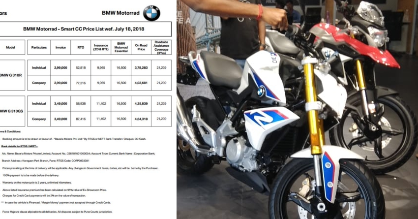 Detailed On-Road Price List of BMW G310R & G310GS