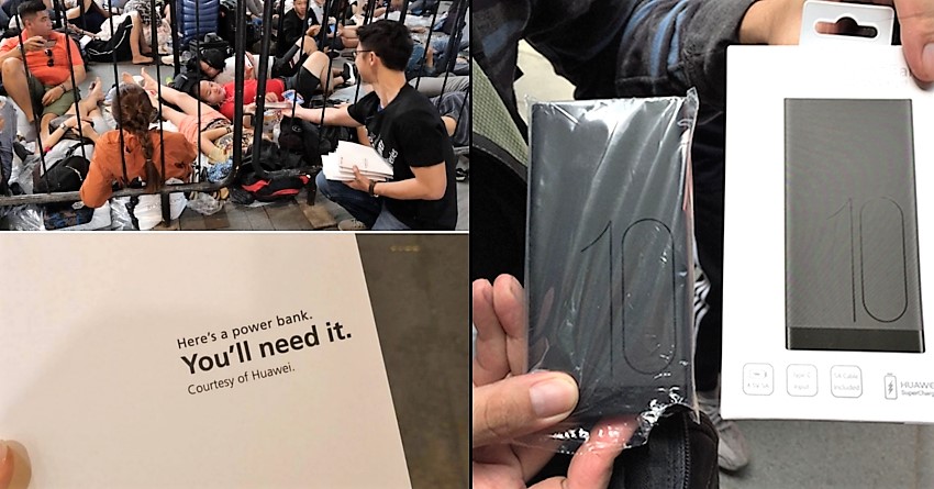 Huawei Distributes Free Power Banks to People Queuing up at Apple Store in Singapore