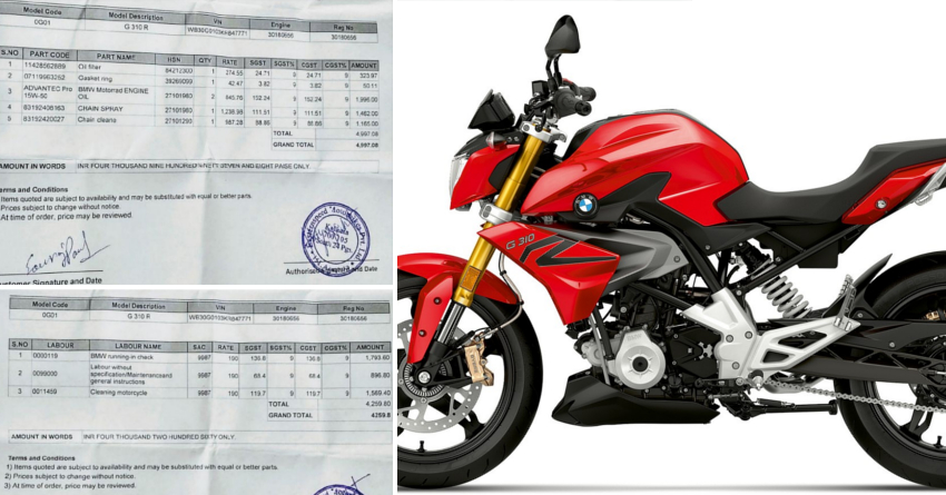 BMW G310R’s 1st Service Bill is INR 9257 at 2100 kms
