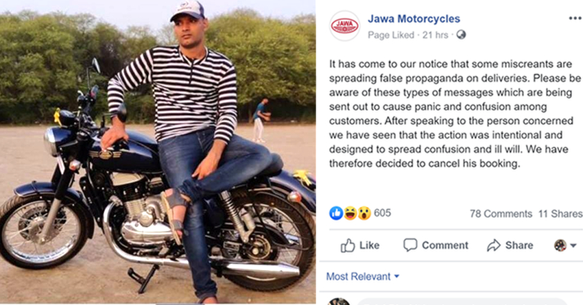 Jawa Cancels Booking of a Customer Who Posted Fake Facebook Update