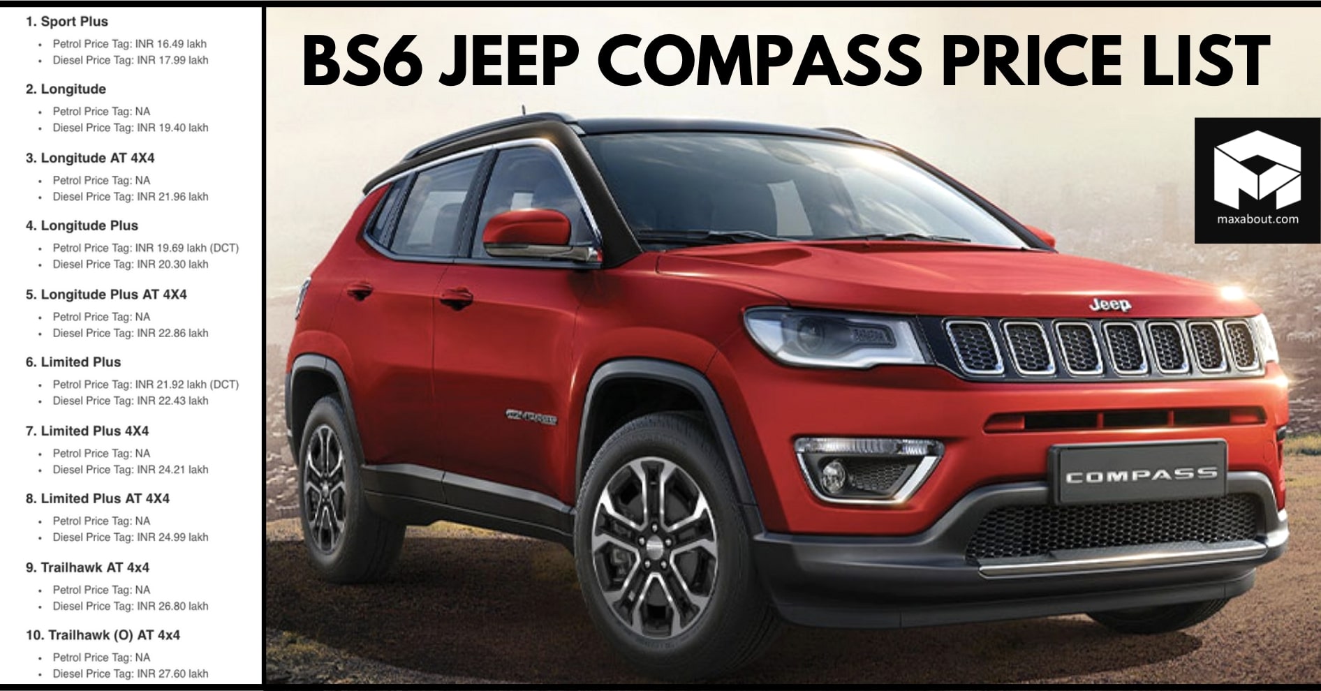 BS6 Jeep Compass SUV Full Price List Officially Revealed