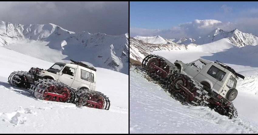 Maruti Gypsy Converted into Snowmobile with Tank Tracks