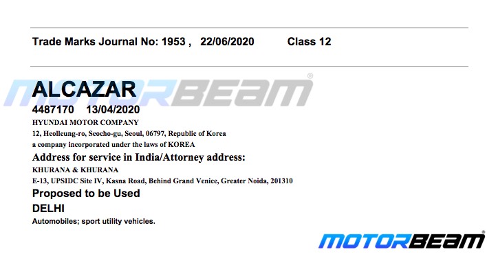Hyundai Alcazar SUV Name Trademarked