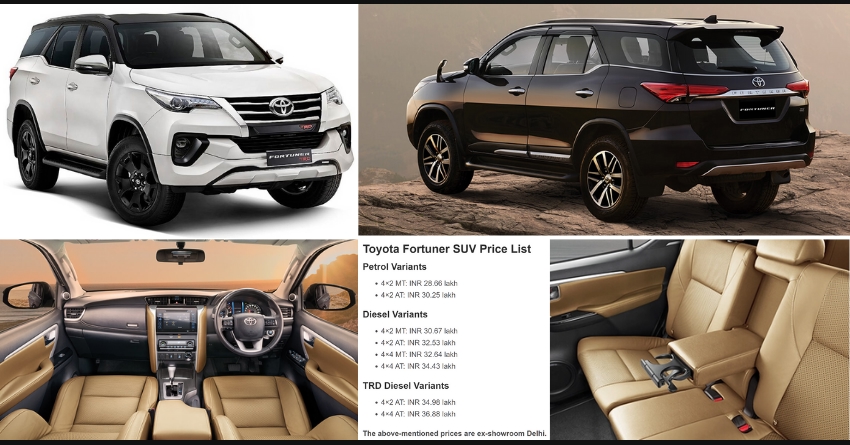 Toyota Fortuner SUV Variant-Wise Price List in India