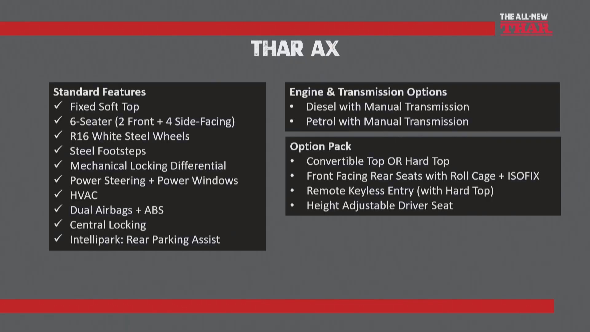 New Mahindra Thar AX Features