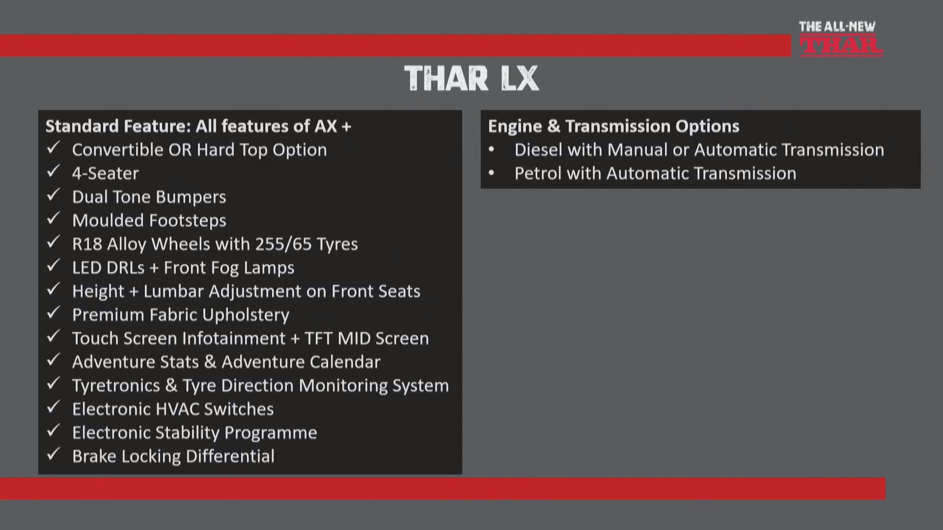 New Mahindra Thar LX Features
