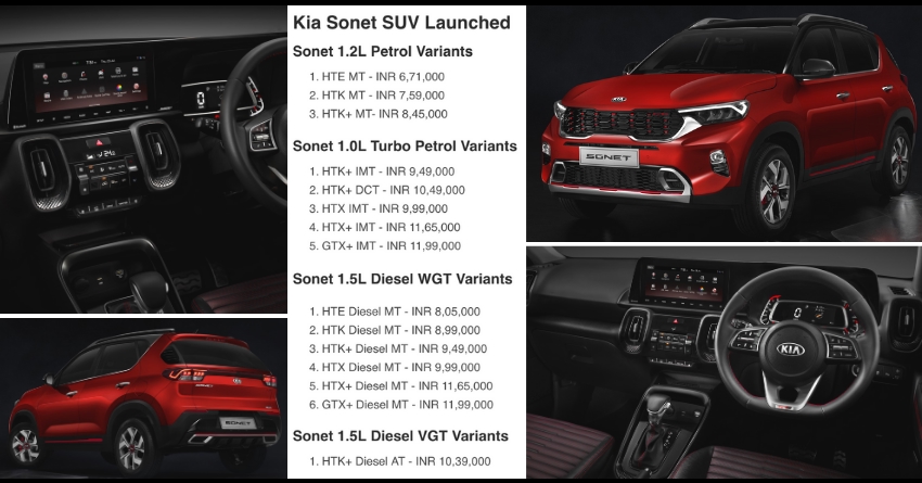 Kia Sonet SUV Launched; Full Price List Revealed