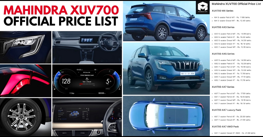Mahindra XUV700 Full Price List Officially Revealed - Rs 11.99 lakhs to Rs 21.59 lakhs