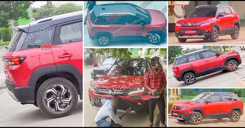 Bright Red 2022 Maruti Brezza Spied During TVC Shoot in India