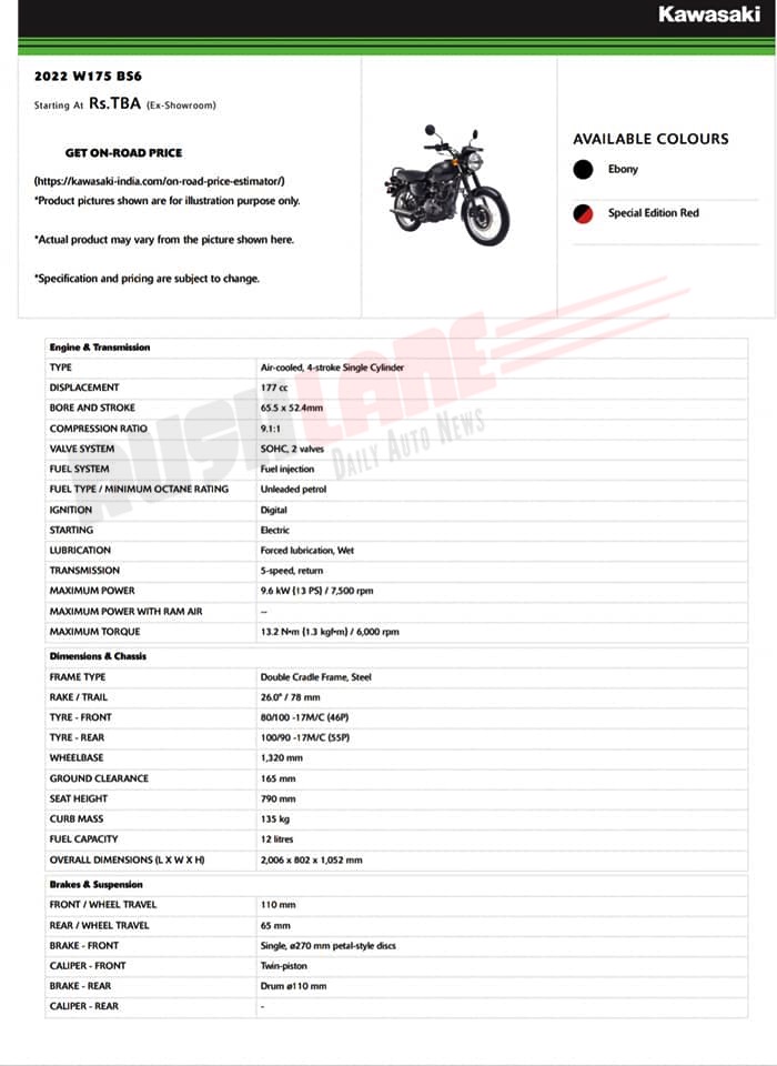 Kawasaki W175 Brochure Leaked Ahead of Launch in India - wide